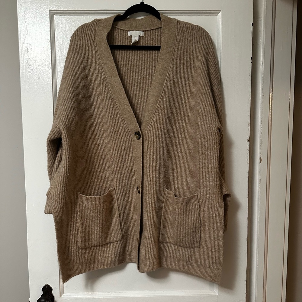 H&M Neutral Beige Ribbed Button-Front Cardigan